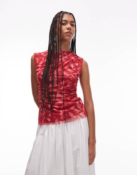 & Other Stories mesh top with drape detail in red flower print - view 1
