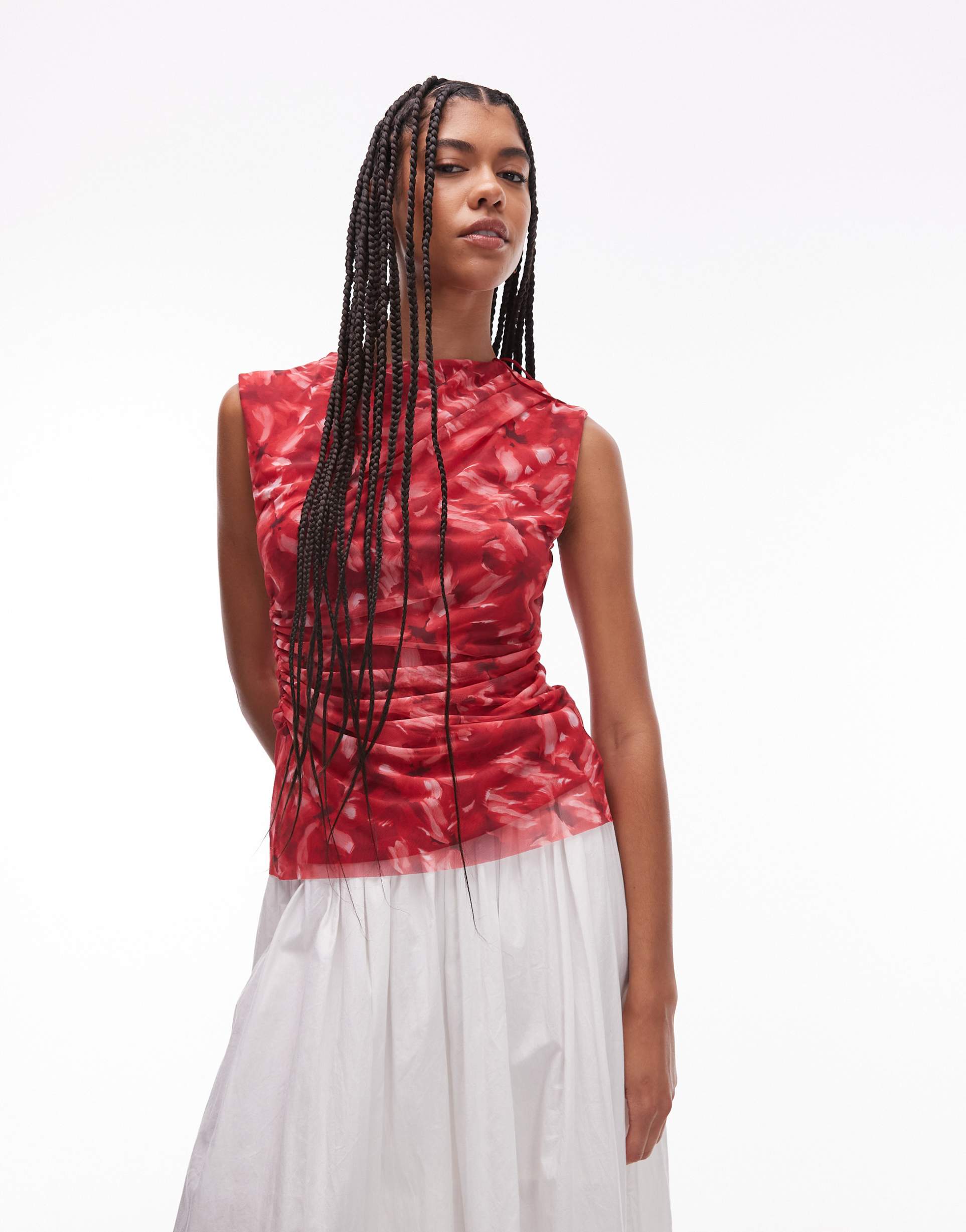 & other stories mesh top with drape detail in red flower print