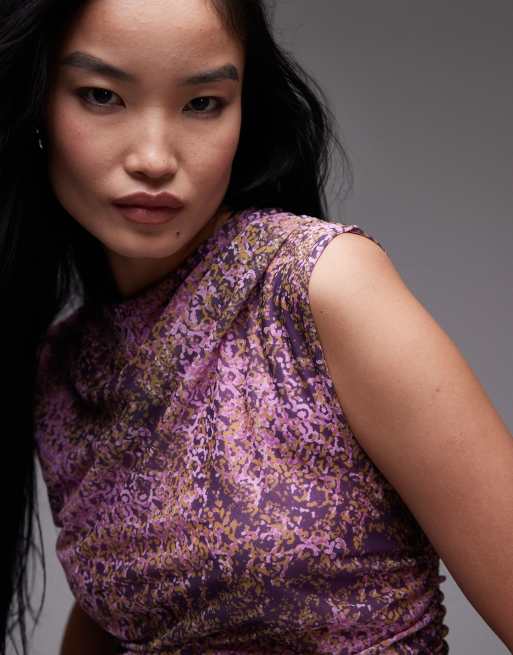 & Other Stories mesh top with drape detail in pink print