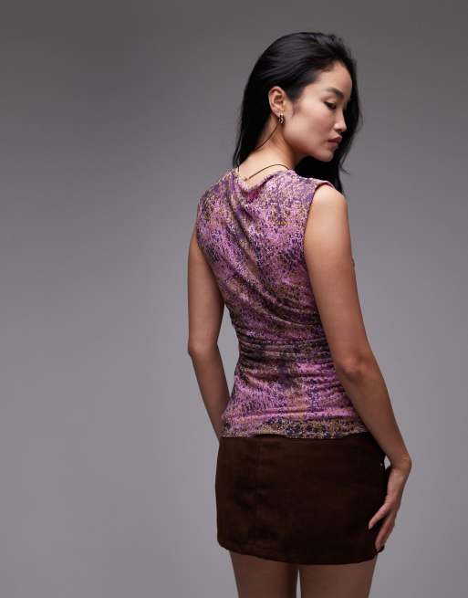 & Other Stories mesh top with drape detail in pink print