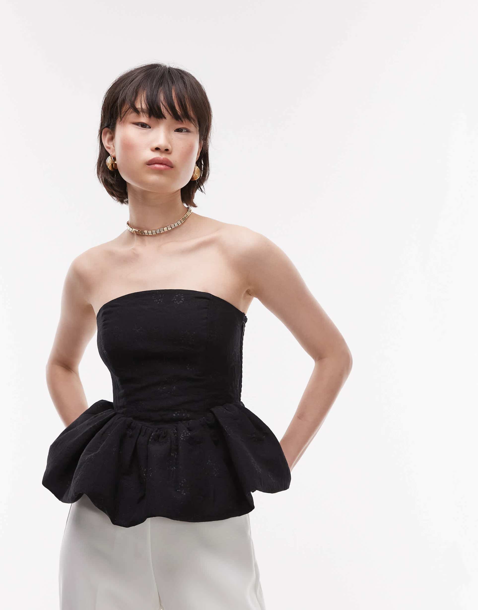 & other stories metallic floral brocade bandeau top with bubble hem in black