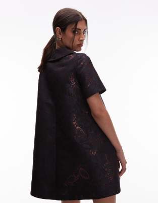 & Other Stories Metallic Jacquard Mini Swing Dress With Collar In Black