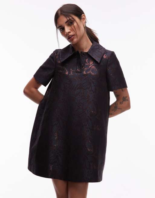 & Other Stories metallic jacquard mini swing dress with collar in tonal butterfly pattern, 3 of 4