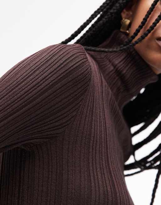 & Other Stories metallic knit ribbed top with roll neck in brown, 3 of 4