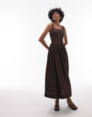 [Other Stories] & Other Stories midaxi dress with fitted bodice and volume hem in brown 40 BROWN