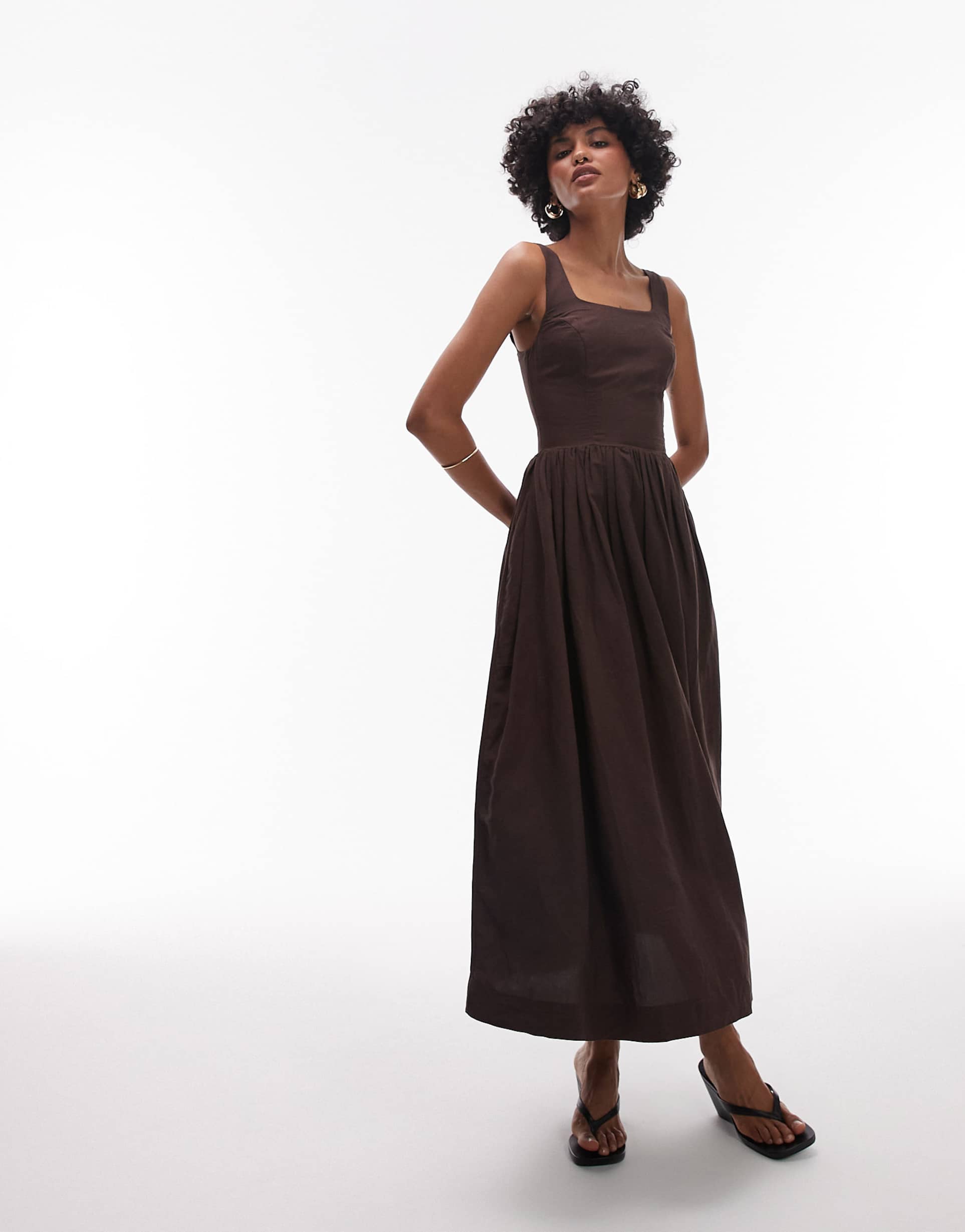 & other stories midaxi dress with fitted bodice and volume hem in brown