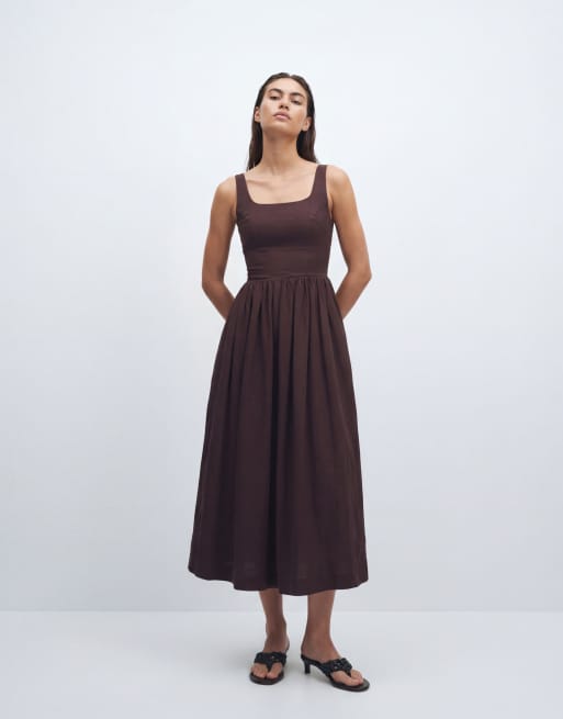 & Other Stories midaxi dress with fitted bodice and volume hem in brown, 8 of 11