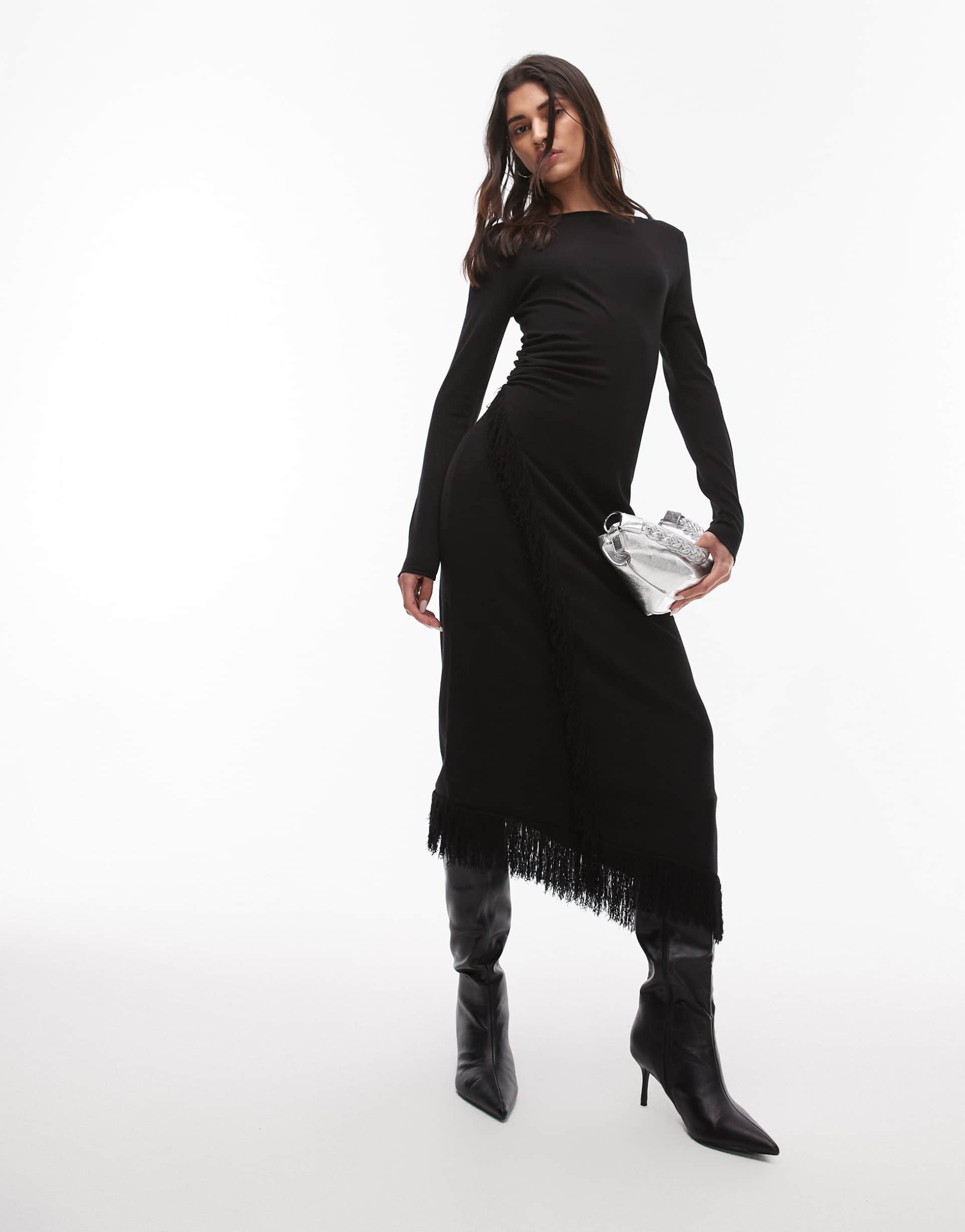 & other stories midaxi dress with fringe wrap asymmetric hem in black