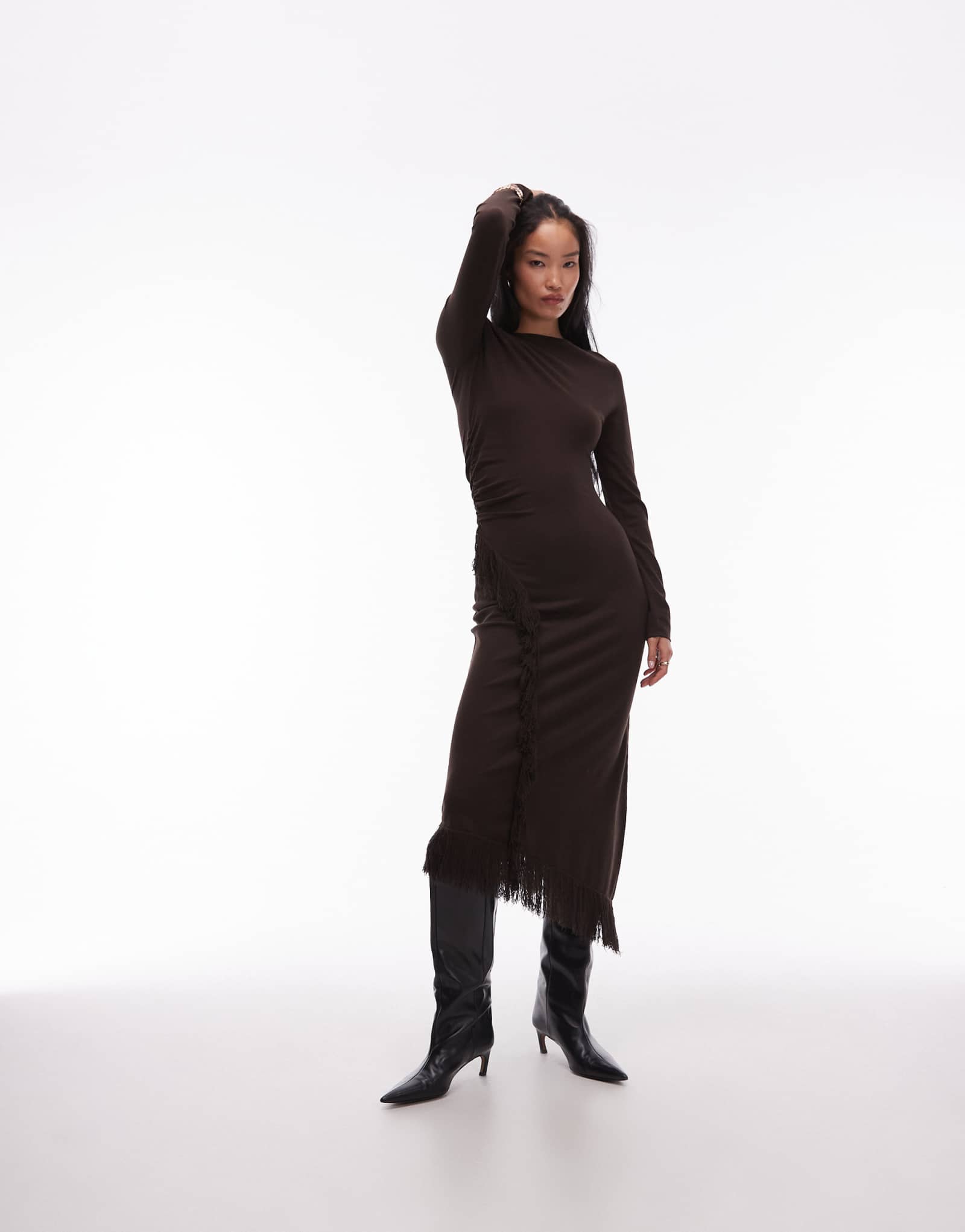 &Other Stories платье мидакси с асимметричным низом и запахом с бахромой темно-коричневого цвета