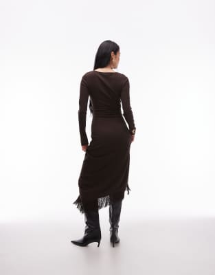 & Other Stories Midaxi Dress With Fringe Wrap Asymmetric Hem In Black