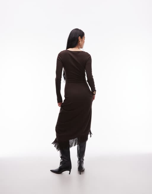 & Other Stories midaxi dress with fringe wrap asymmetric hem in dark brown, 2 of 4