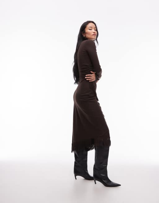& Other Stories midaxi dress with fringe wrap asymmetric hem in dark brown, 3 of 4