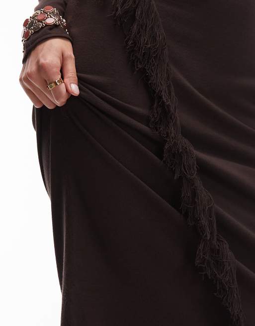 & Other Stories midaxi dress with fringe wrap asymmetric hem in dark brown, 4 of 4