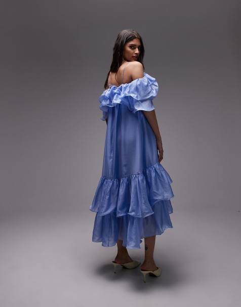 & Other Stories midaxi dress with off shoulder and double ruffle detail in blue - view 1