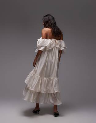 & Other Stories Midaxi Dress With Off Shoulder And Double Ruffle Detail In White