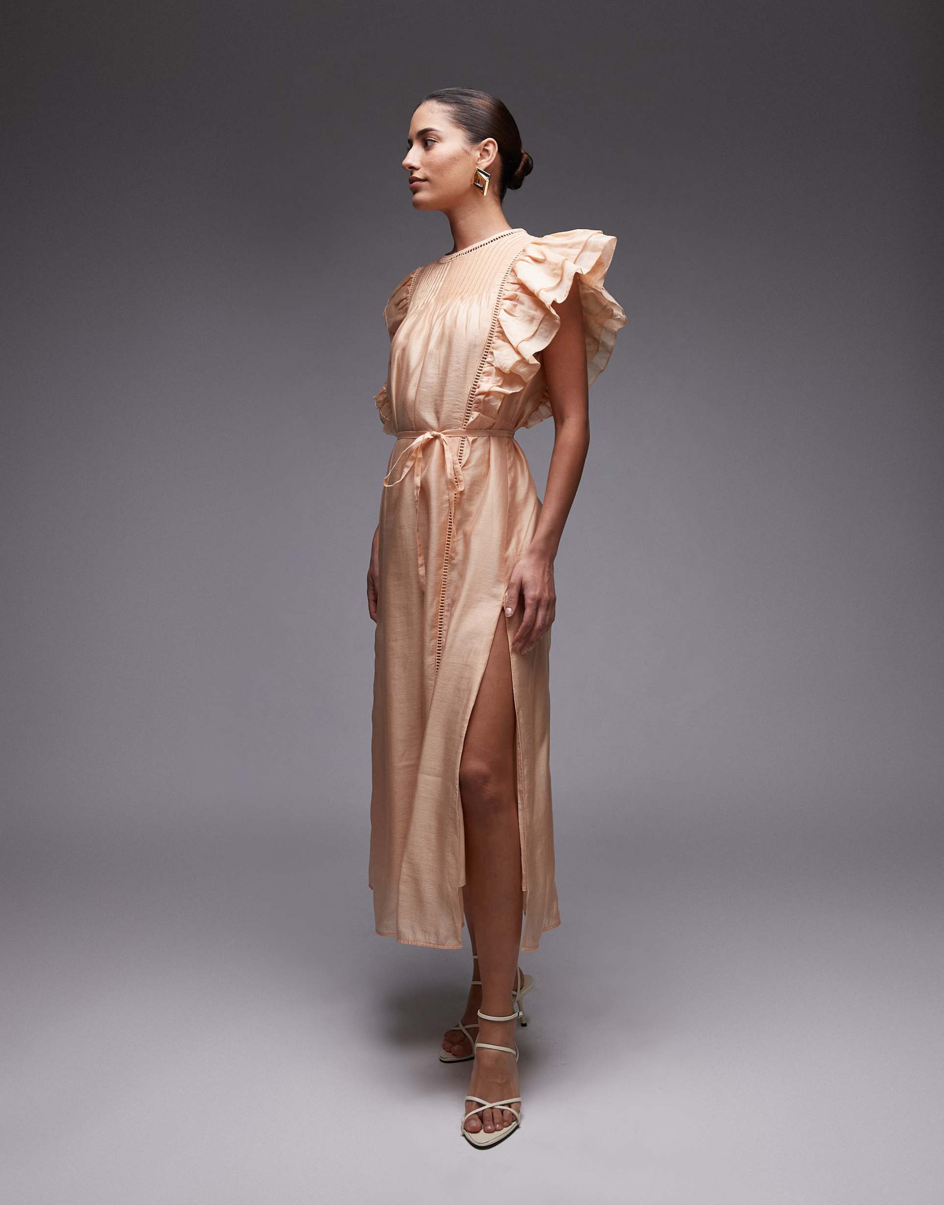 & other stories midaxi dress with pintuck bodice and double ruffle sleeves in beige
