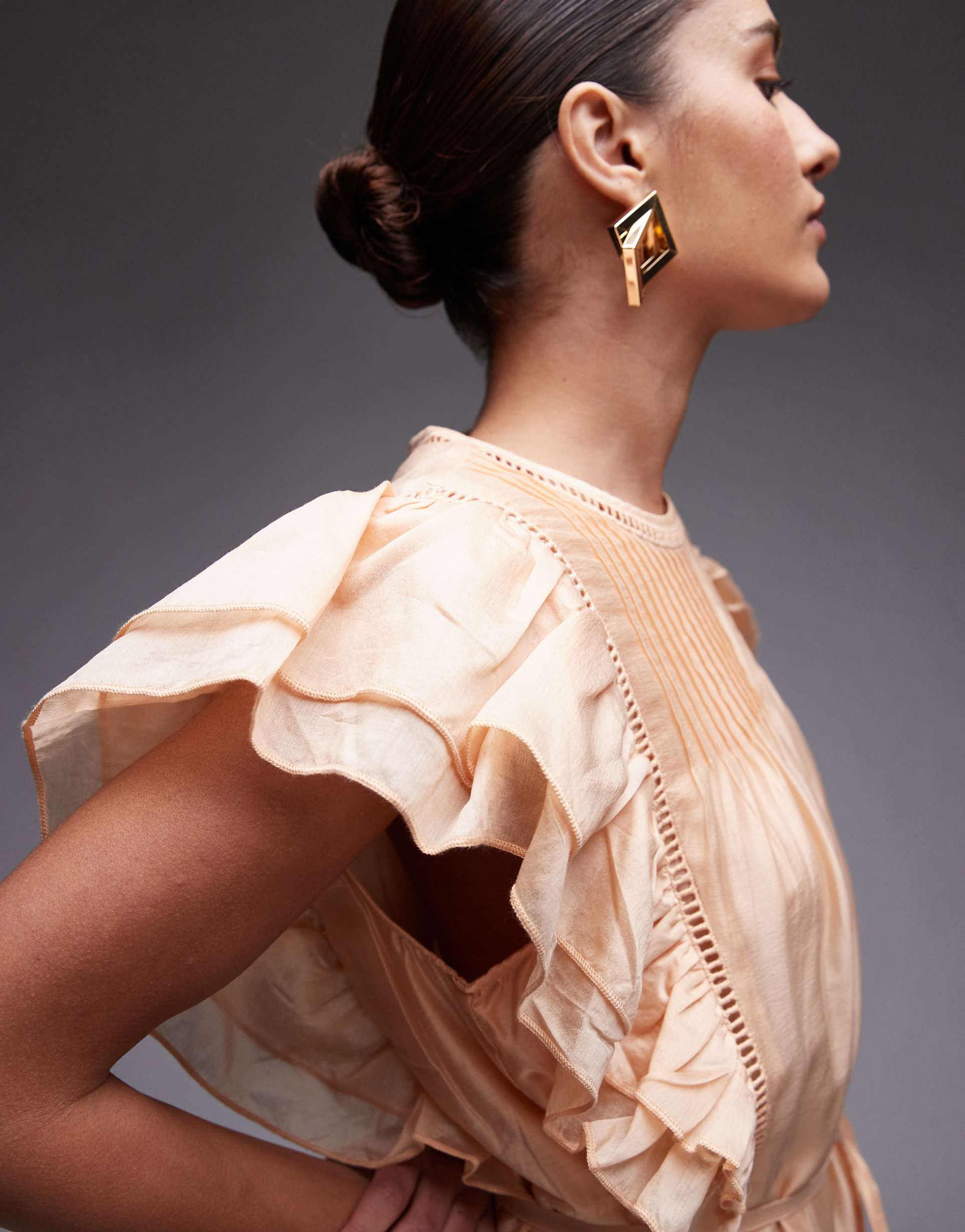 & other stories midaxi dress with pintuck bodice and double ruffle sleeves in beige