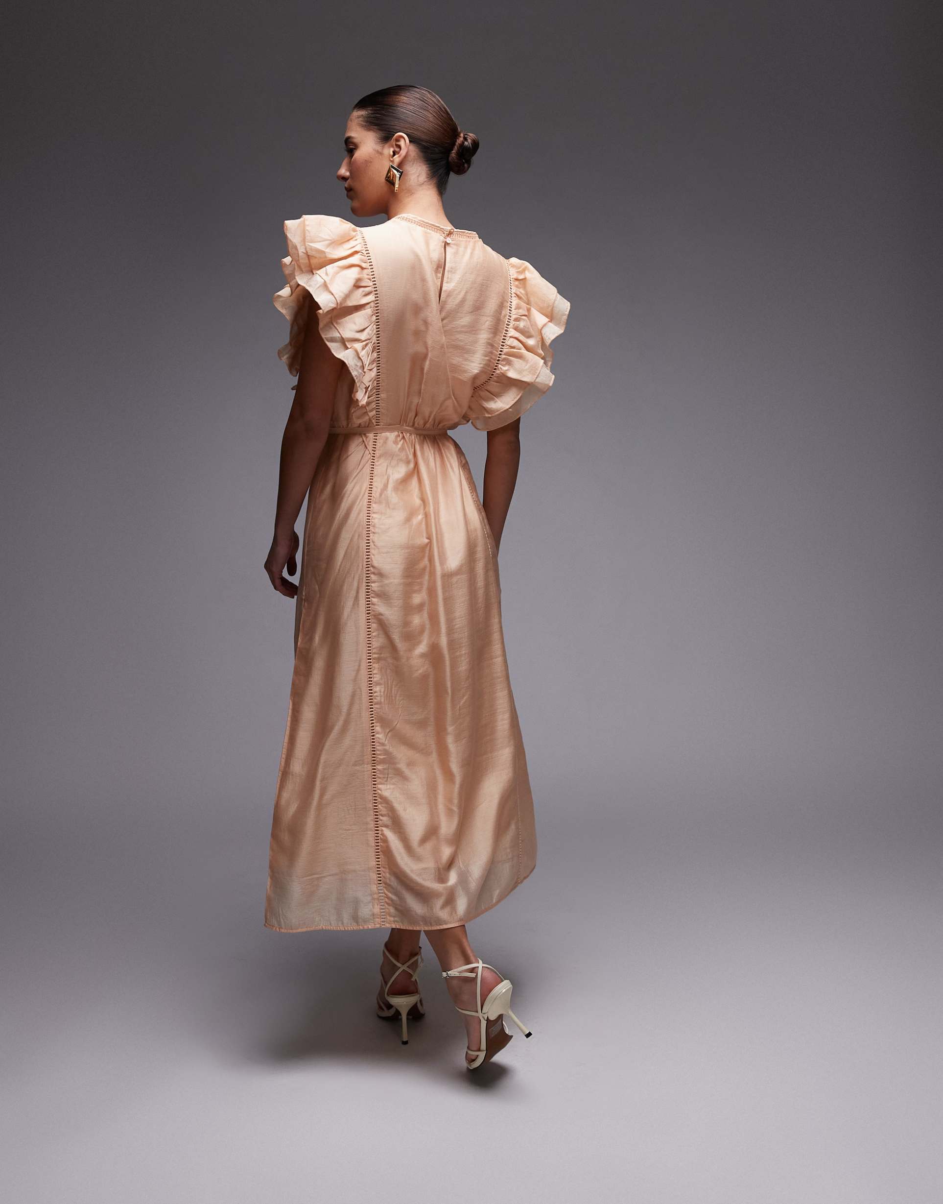 & other stories midaxi dress with pintuck bodice and double ruffle sleeves in beige