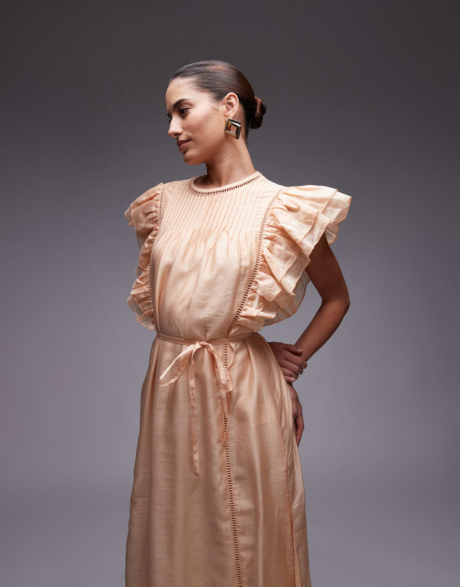 & other stories midaxi dress with pintuck bodice and double ruffle sleeves in beige