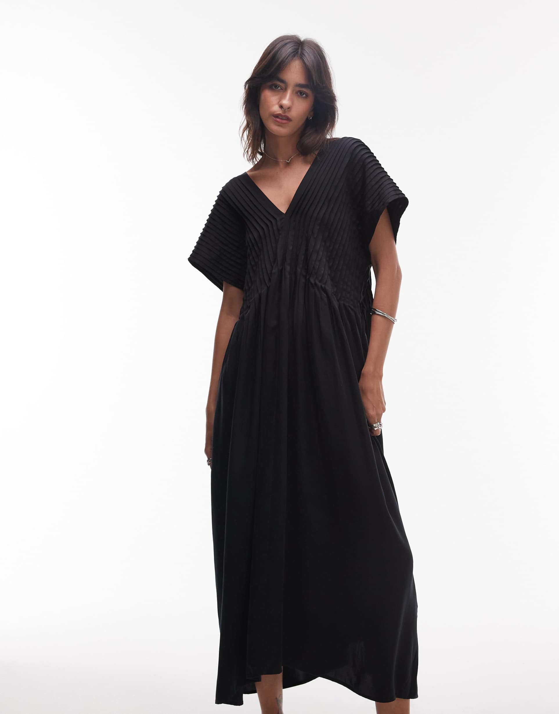& other stories midaxi dress with pintuck bodice in black