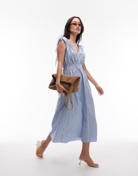 & Other Stories midaxi dress with ruched tie shoulder detail in blue stripe - view 1