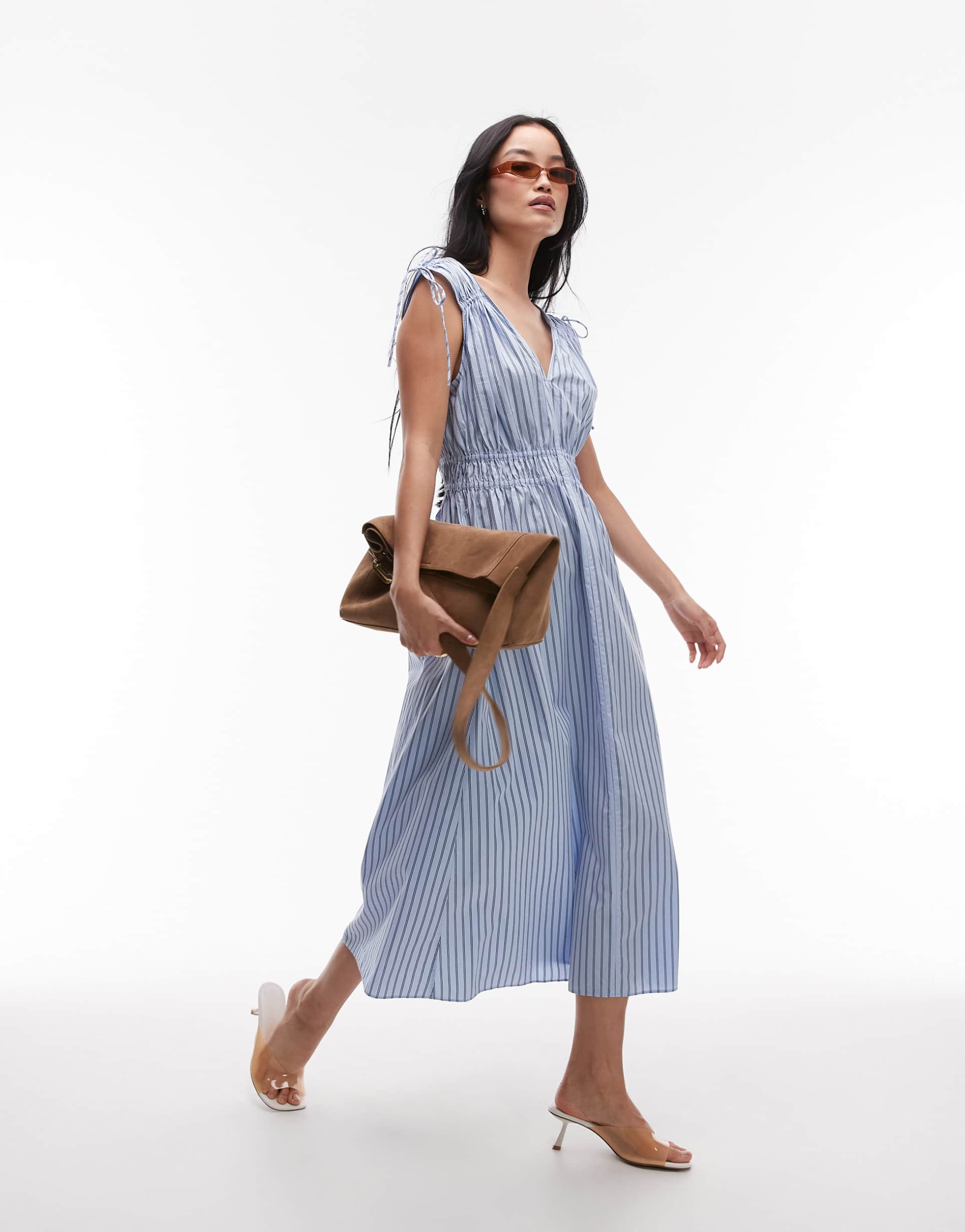 & other stories midaxi dress with ruched tie shoulder detail in blue stripe