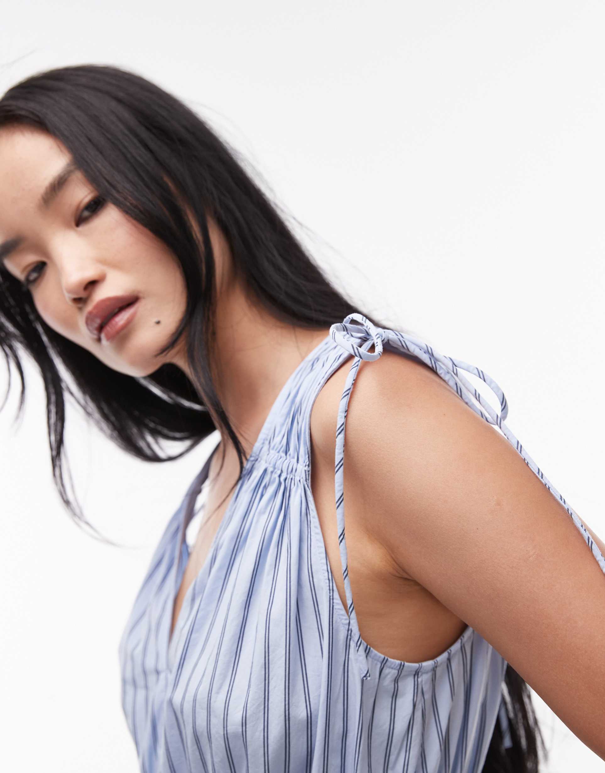 & other stories midaxi dress with ruched tie shoulder detail in blue stripe