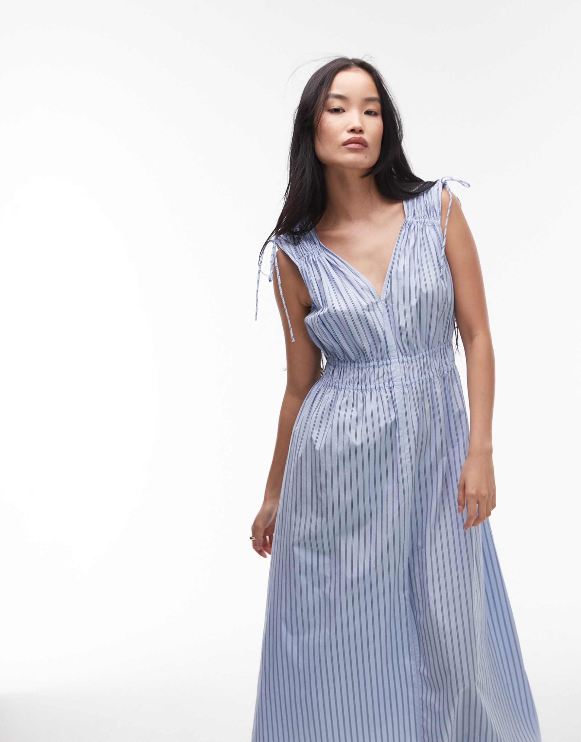 & other stories midaxi dress with ruched tie shoulder detail in blue stripe