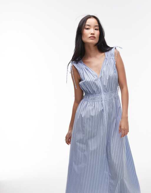 & Other Stories midaxi dress with ruched tie shoulder detail in blue stripe, 3 of 4