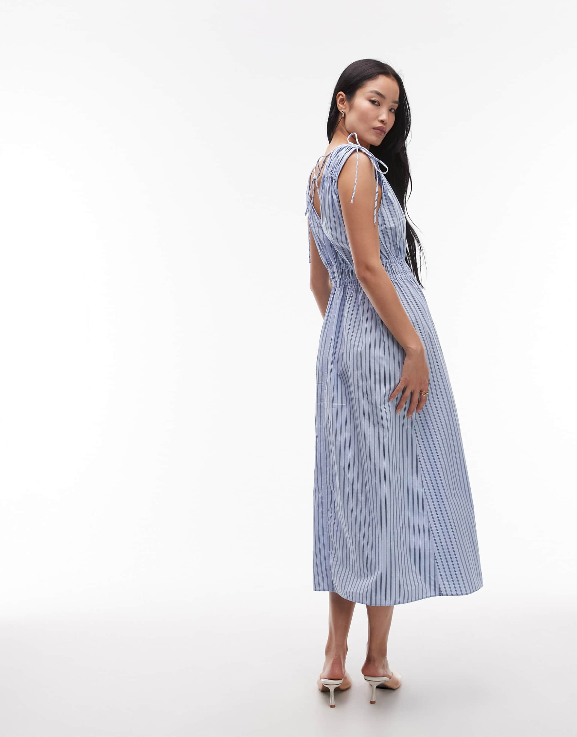 & other stories midaxi dress with ruched tie shoulder detail in blue stripe