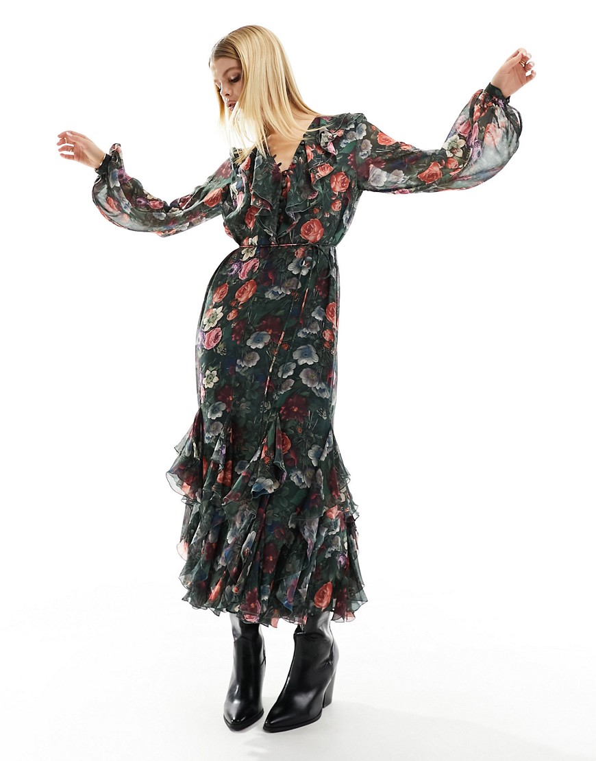 & Other Stories midaxi dress with ruffle detail and volume sleeves in dark floral print-Multi