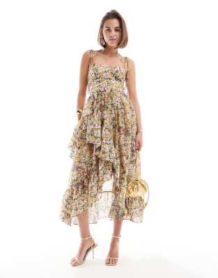 & Other Stories & Other Stories midaxi dress with spaghetti straps and asymmetric ruffle hem in floral print-Multi