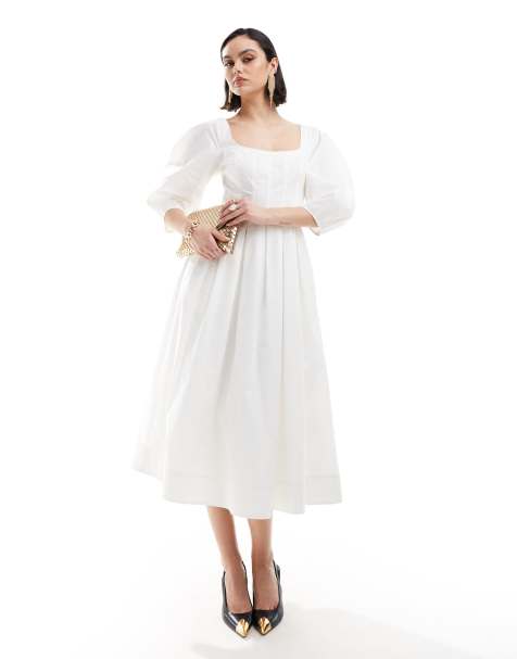 & Other Stories  midaxi dress with volume sleeves and corset detail in white - view 1