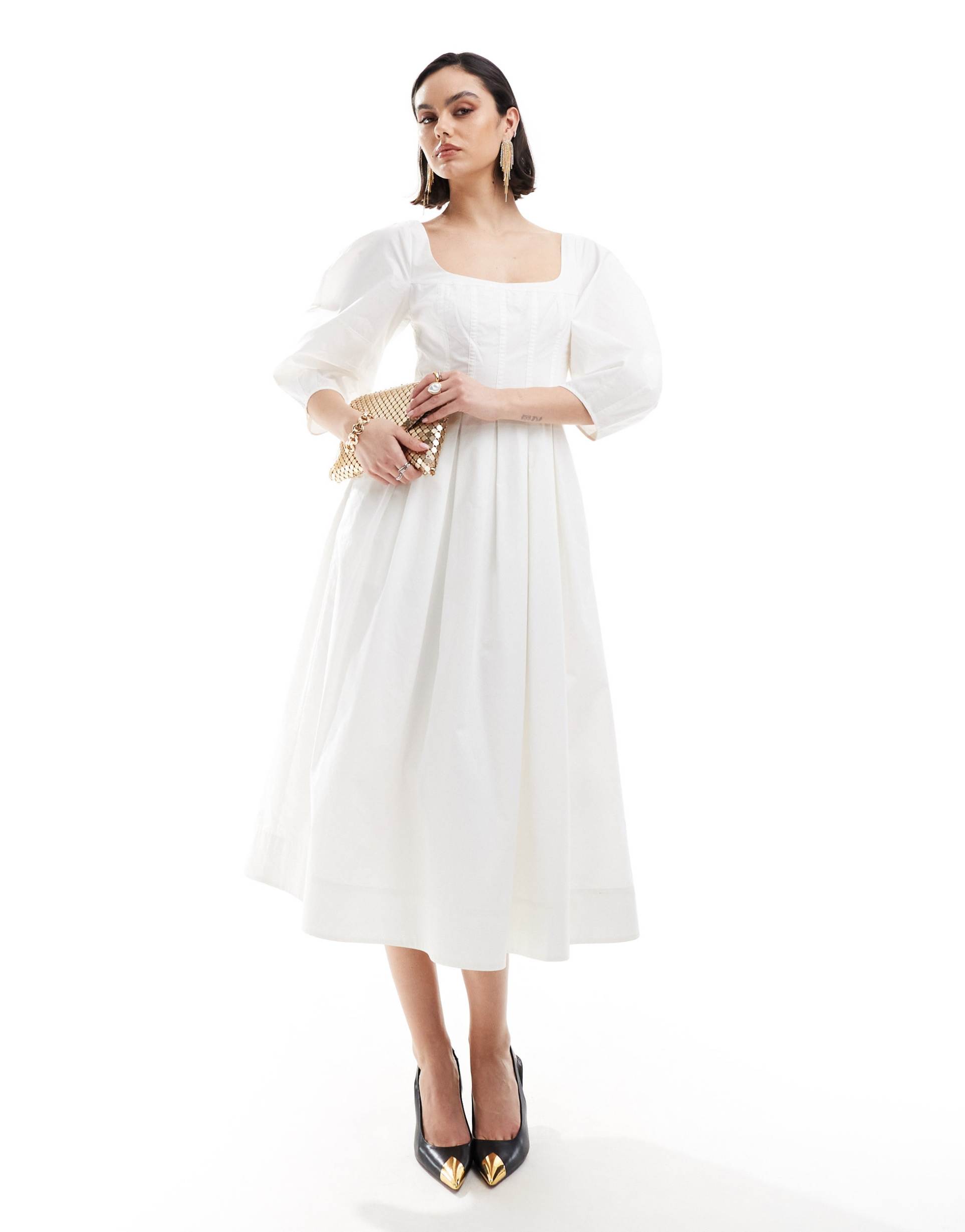 & other stories midaxi dress with volume sleeves and corset detail in white