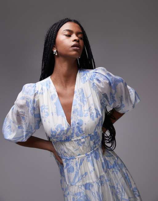 & Other Stories midaxi dress with volume sleeves and shirred bodice detail in blue floral print