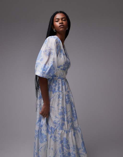 & Other Stories midaxi dress with volume sleeves and shirred bodice detail in blue floral print