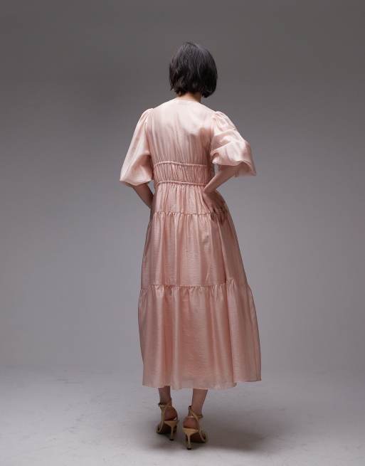 & Other Stories midaxi dress with volume sleeves and shirred bodice detail in pink