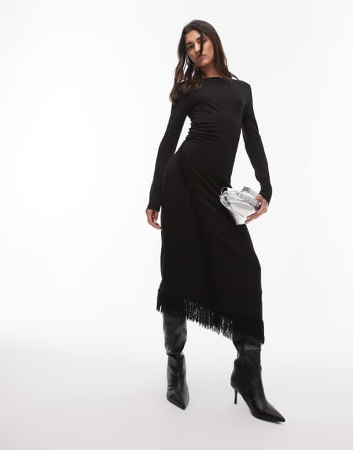 & Other Stories - Midaxi jurk met overslag en asymmetrische zoom met franjes in zwart