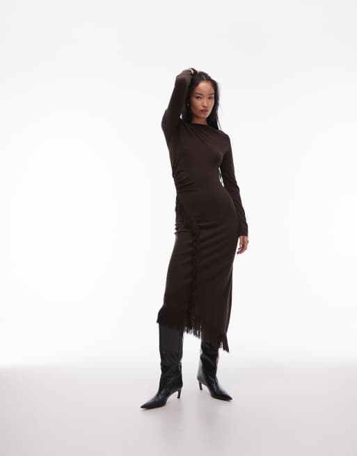 & Other Stories - Midaxi jurk met overslag met franje en asymmetrische zoom in donkerbruin