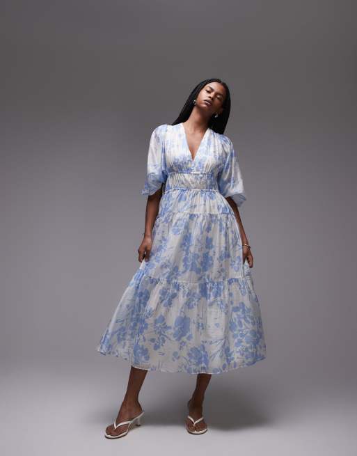 & Other Stories - Midaxi-jurk met volumemouwen en gerimpeld lijfje in blauwe bloemenprint