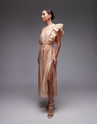& Other Stories - Midaxi-Kleid in Beige mit Biesen am Oberteil und doppelter Rüsche am Ärmel-Neutral