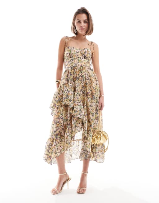 & Other Stories – Midaxi-Kleid mit Blumenprint, Spaghettiträgern und asymmetrischem Rüschensaum