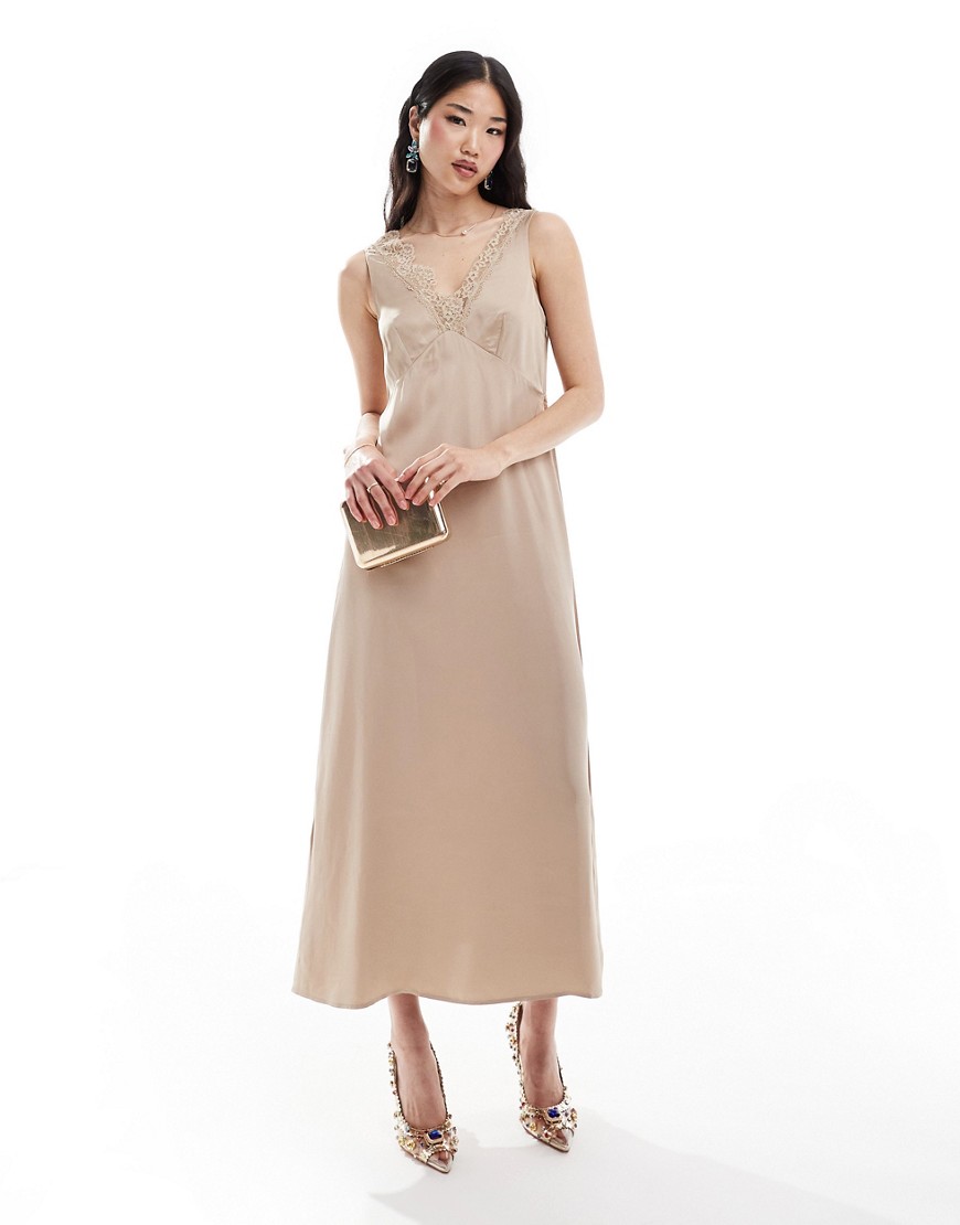 & Other Stories midaxi slip dress with lace trim detail in light beige-Neutral