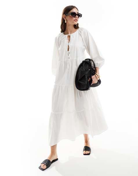 & Other Stories midaxi smock dress with bow bodice detail and volume sleeves in white - view 1