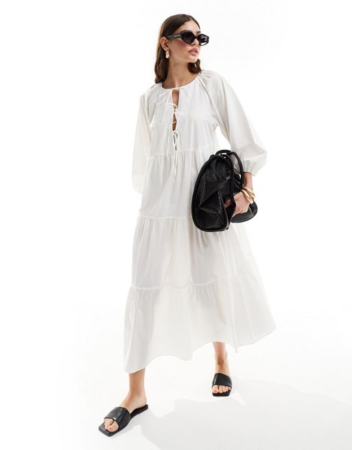 & Other Stories midaxi smock Tipo dress with bow bodice detail and volume sleeves in white