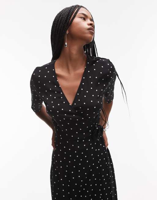 Other Stories midaxi wrap dress in black and white spot print