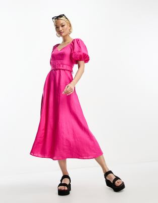 & Other Stories - Midaxikleid aus Leinen in Pink mit Gürtel und Puffärmeln-Rosa