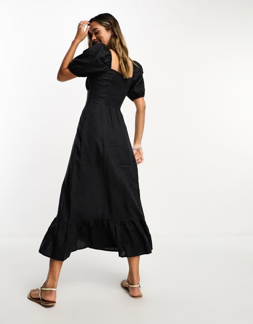 & Other Stories – Midaxikleid aus Leinen in Schwarz mit Puffärmeln und Schlitz, 4 von 4