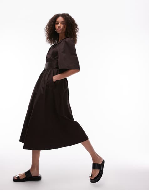 & Other Stories – Midaxikleid aus Popeline in Braun mit Wickeldetail vorne und Puffärmeln - view 1