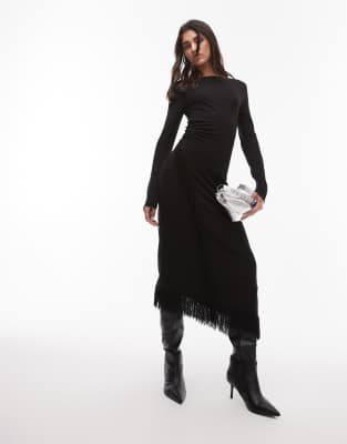 & Other Stories - Midaxikleid aus Strick in Schwarz mit asymmetrischem Saum mit Fransen